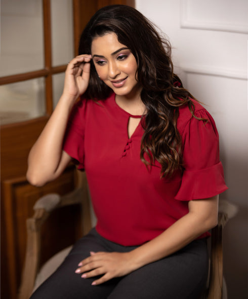 Maroon Front Buttoned Sleeve Frilled Top